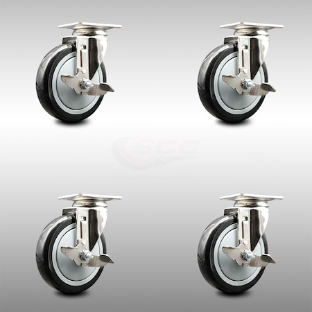 Service Caster 5 Inch 316SS Black Polyurethane Wheel Swivel Top Plate Caster Set with Brake SCC SCC-SS31620S514-PPUB-BLK-TLB-4